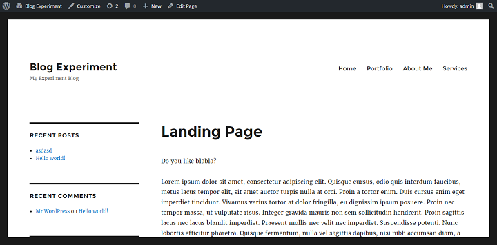 landing page with no header in Twenty Sixteen WordPress Theme