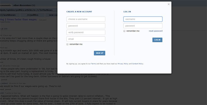 reddit login modal window