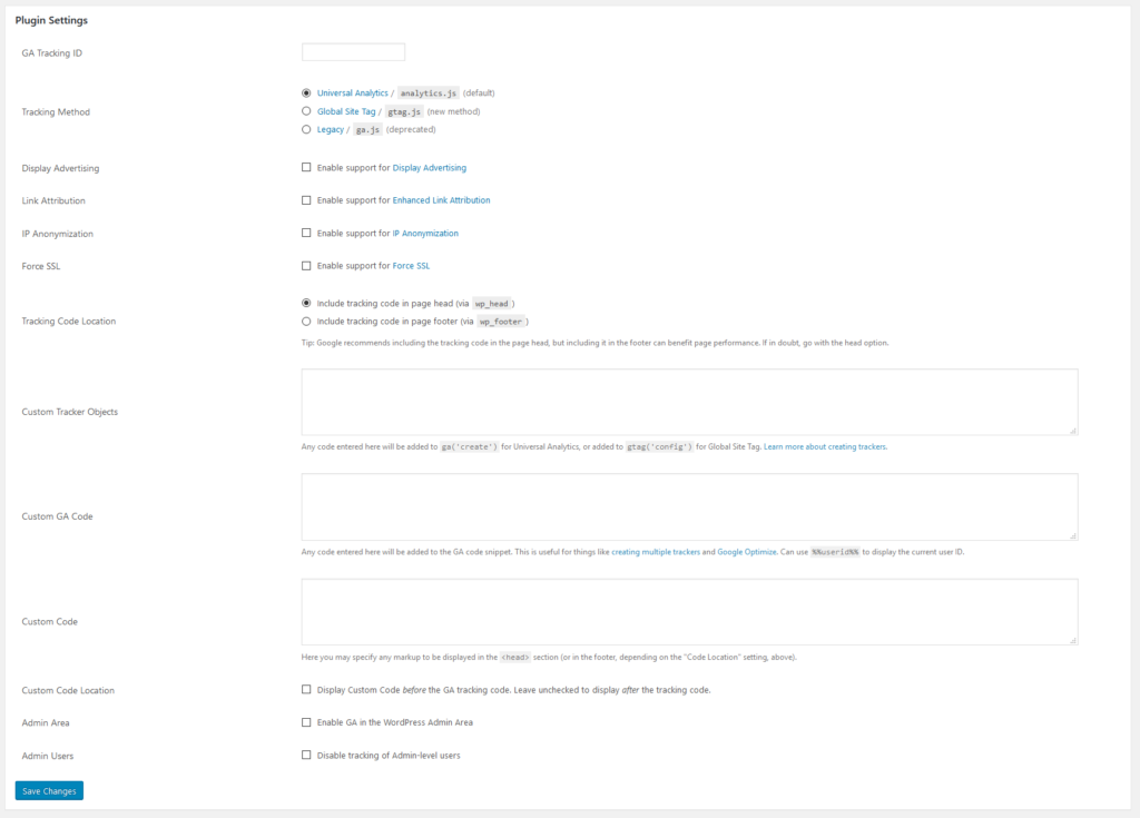 ga google analytics plugin settings