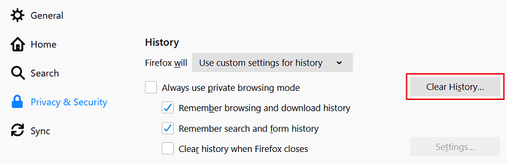 clear history button in mozilla firefox