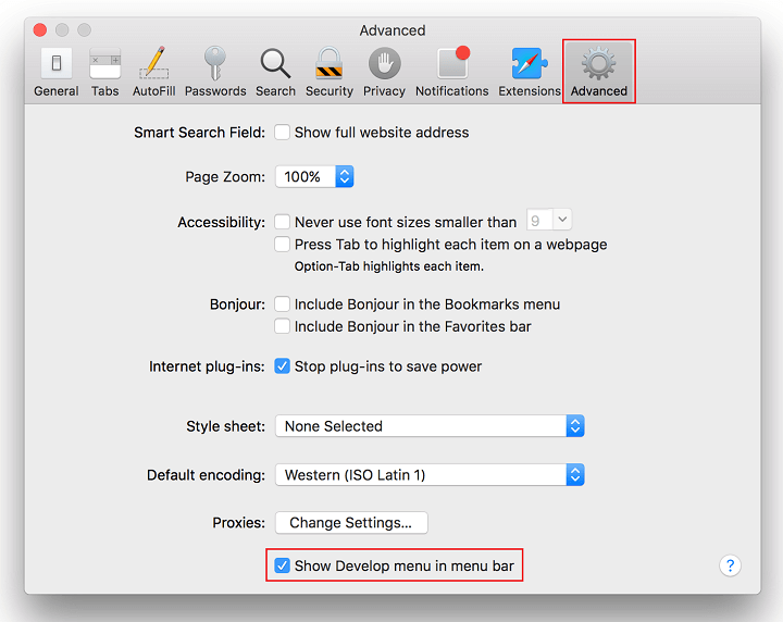 show develop menu in safari