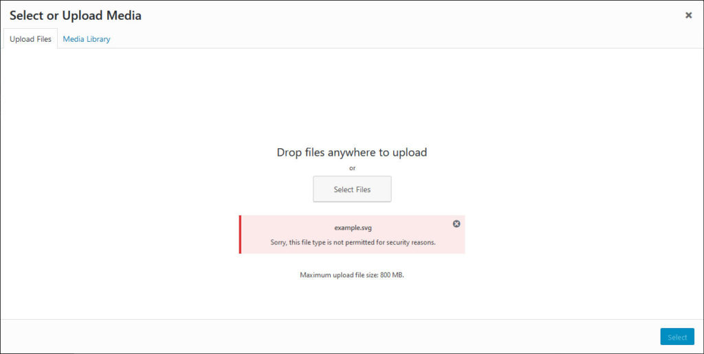 svg upload error message in wordpress 