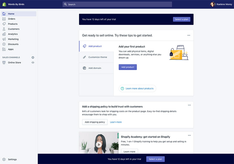 Shopify dashboard