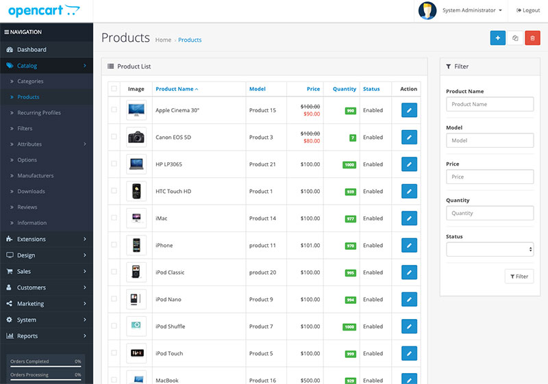 OpenCart Products page