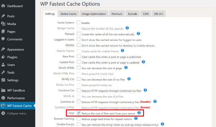 WP Fastest Cache settings