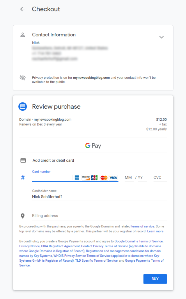 google domains contact and payment