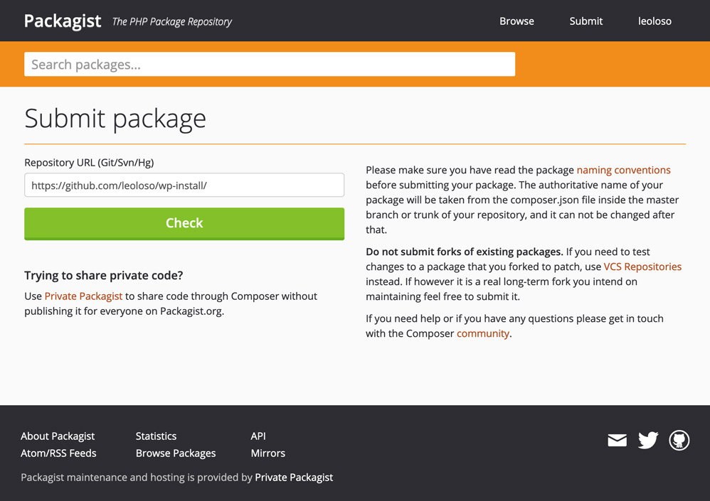 Packagist submission page
