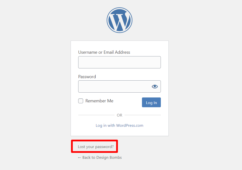 The password reset link on the WordPress login URL page