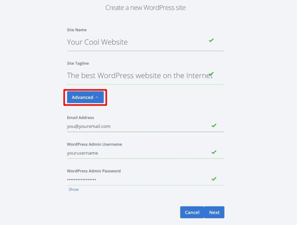 Bluehost WordPress install wizard