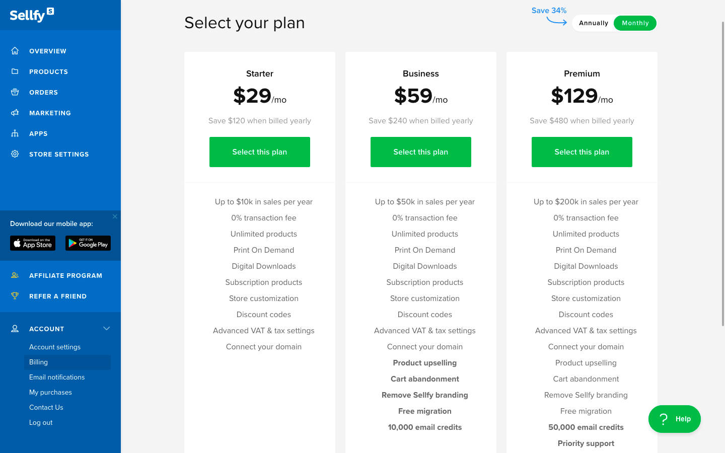 Sellfy choose plan