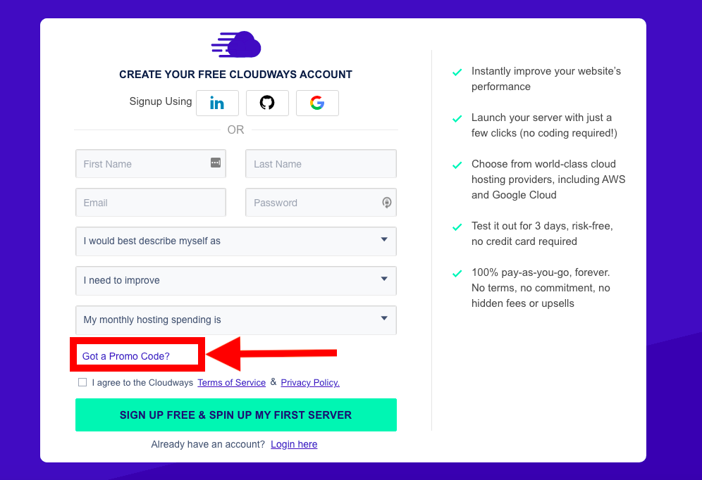 Cloudways signup