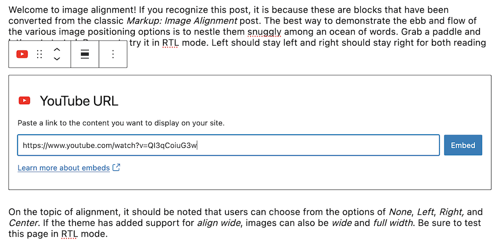 Adding the URL to the YouTube Block.