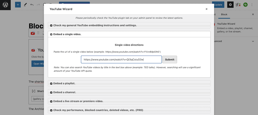 Adding a YouTube URL to the Wizard.