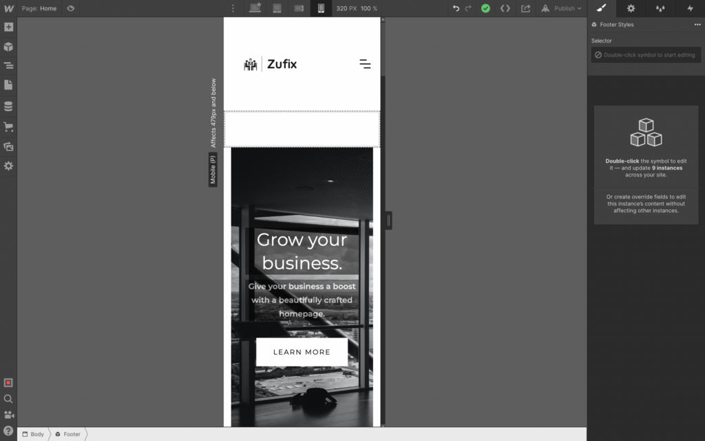 Previewing mobile version of Webflow site