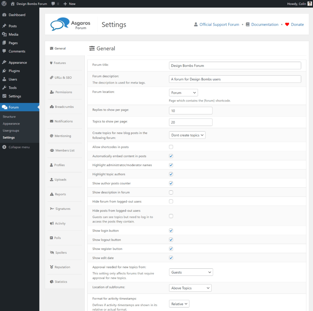 Asgaros forum settings