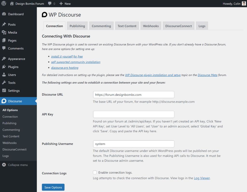 Discourse WordPress forum plugin settings