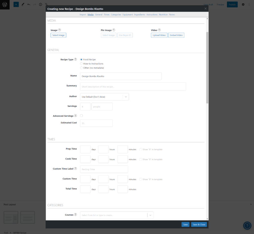 WP Recipe Maker settings