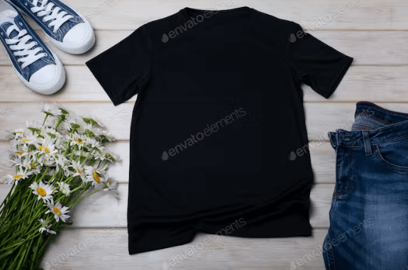 Black T-Shirt Mockup with Daisy Flowers and Jeans