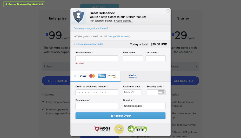 WP 2FAs payment dialog screen.