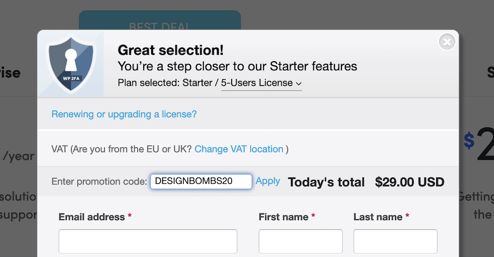 Entering the WP 2FA coupon code into the payment field.