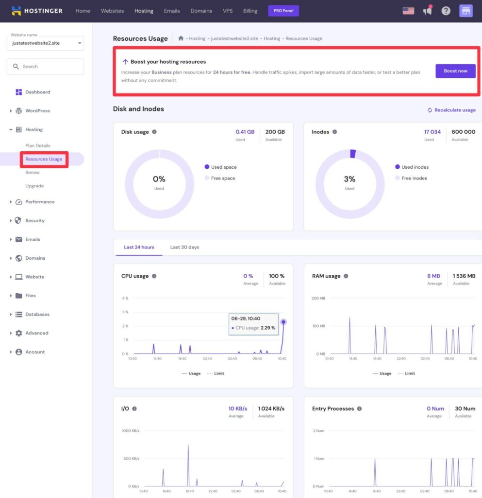 Hostinger resource usage dashboard